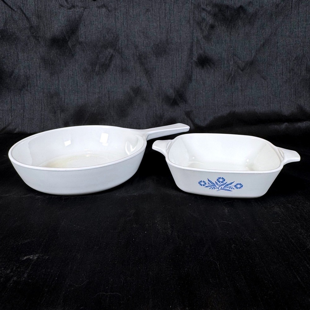 Vintage Corning Ware Blue Cornflower P-41 Petite Pan and White Skillet Set